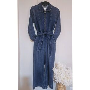 INC International Concepts Dark Blue Denim Zip Front Wide Legs Belted Jumpsuit